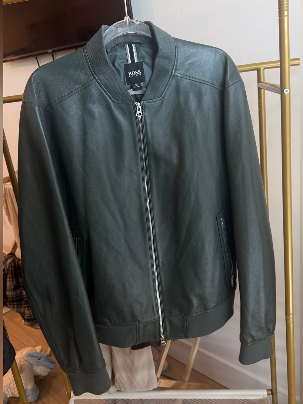 BOSS Men's Dark Green Leather Bomber Jacket